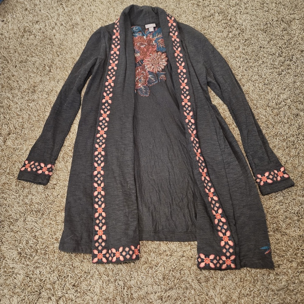 J.JILL Duster‎ Cardigan Stretch Boho Floral Embroidered Cotton Pockets Size XS